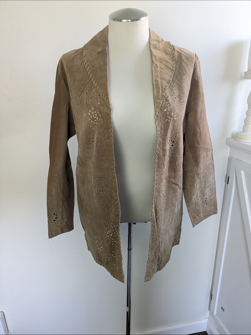 Coldwater Creek Taupe Suede Leather Open-Front Eyelet Jacket Petite Large